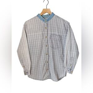 Krazy Kat Men’s Vintage Blue Plaid Band Collar Button Up Oversized Top Sz M